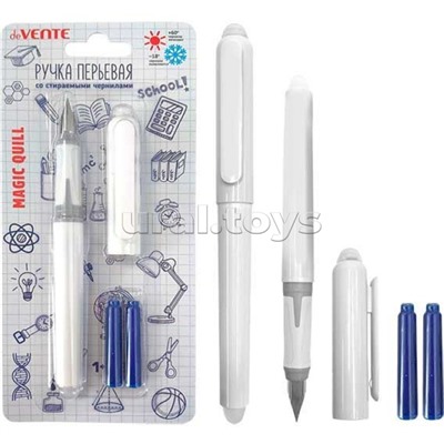 Ручка перьевая стираемая "Magic Quill" перо среднее F (Fine) с каучуковым держателем, в комплекте с 3-мя баллончиками 0,8 мл (1 - в ручке, 2 - запасных), белый корпус, синий цвет чернил, блистерная упаковка