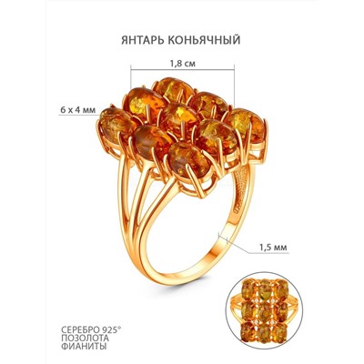 Серьги из золочёного серебра с коньячным янтарём и фианитами 925 пробы 05-802-0148-12