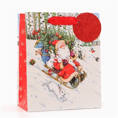 Пакет подарочный новогодний ламинированный «На санях», люкс, 18×22.3×10 см