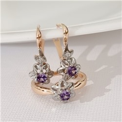 Комплект ювелирной бижутерии коллекция "Дубай" в форме цветов серьги и кольцо 20 р, покрытие позолота, вставка: фианиты, цвет: фиолетовый, арт.314.886-20