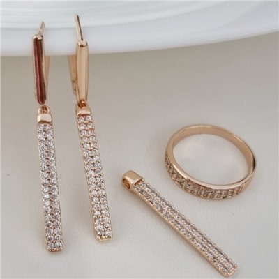 Комплект ювелирная бижутерия коллекция  "Дубай" серьги, кулон и кольцо 19 р, покрытие: позолота, вставка: фианиты, цвет: прозрачный, арт.215.408-19