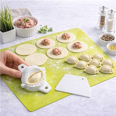 Набор для лепки пельменей 3 предмета / RY-878-B / Силиконовой коврик 40х30 + Форма + Шпатель / Зеленый