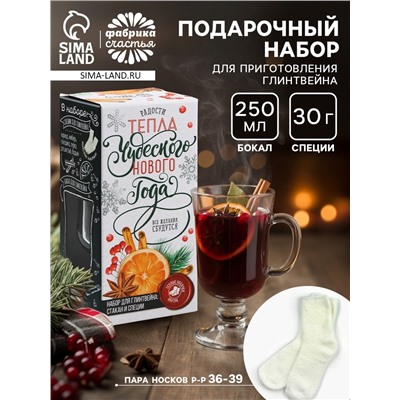 Подарочный набор для приготовления глинтвейна «Чудесного Нового года»: бокал 250 мл., специи 30 г, носки 36-39 размера