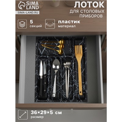Лоток для столовых приборов в ящик BARONESS «Пегас», 36×29×5 см, 5 отделений, пластик, чёрный