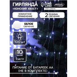 Гирлянда «Конский хвост» 10 нитей по 1 м, IP20, серебристая нить, 100 LED, 2 режима, батарейки AAх3 (нет в комплекте), свечение белое