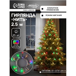 Гирлянда «Нить» 2.5 м, IP20, прозрачная нить, 25 LED, свечение RG/RB, мигание, 220 В