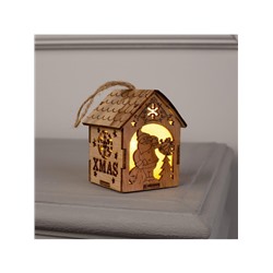 Ёлочная игрушка «Домик с Дедом Морозом с мешком», 8×6.5×6 см, от батареек, свечение тёплое белое
