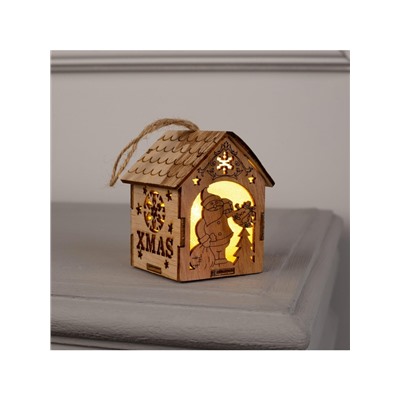 Ёлочная игрушка «Домик с Дедом Морозом с мешком», 8×6.5×6 см, от батареек, свечение тёплое белое
