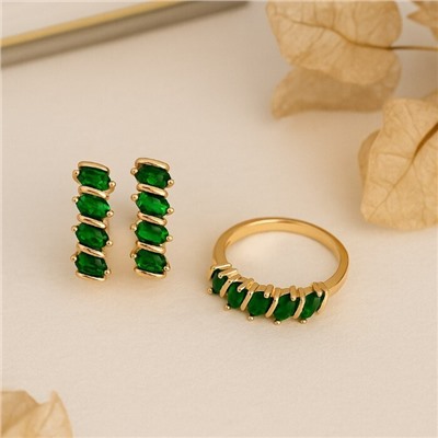 Комплект ювелирной бижутерии коллекция "Дубай" серьги и кольцо 18 р, покрытие позолота, вставка: фианиты, цвет: зеленый, арт.414.223-18