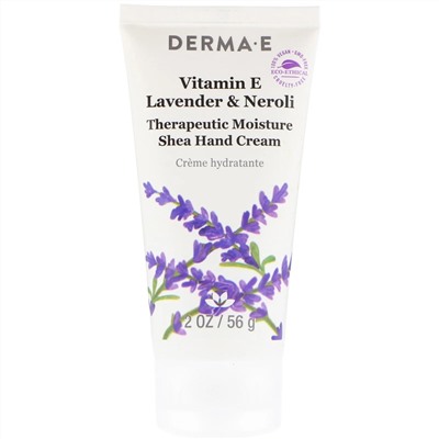 Derma E, лечебный увлажняющий крем для рук с маслом ши и витамином Е, лаванда и нероли, 56 г (2 унции)