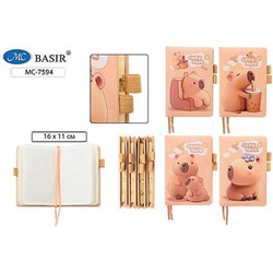Блокнот-ежедневник детский 160х110 мм 80л клетка "КАПИБАРА" ассорти, 2 резинки для ручки МС-7594 Basir