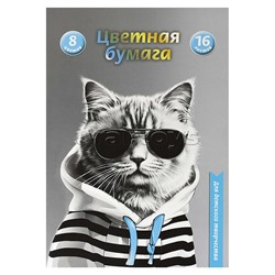 Бумага цветная 16 л.8 цв "Кот в худи"