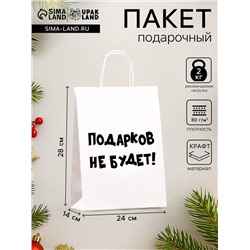 Пакет бумажный подарочный новогодний крафт с приколами, «Подарков не будет!», белый, 28×24×14 см