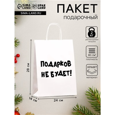 Пакет бумажный подарочный новогодний крафт с приколами, «Подарков не будет!», белый, 28×24×14 см