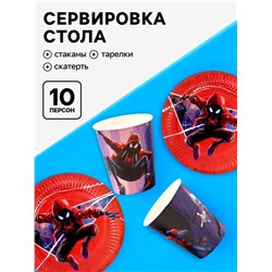 Посуда одноразовая бумажная на 10 персон: стаканы, тарелки, скатерть, Человек Паук