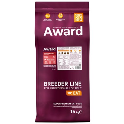 Сухой корм AWARD PFB Indoor Big cats для взрослых домашних кошек крупных пород с говядиной и курицей с добавлением брокколи и юкки Шидигера