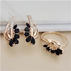 Комплект ювелирной бижутерии коллекция "Дубай" серьги и кольцо 17 р, покрытие позолота, вставка: фианиты и цирконы, цвет: черный и прозрачный, арт.215.747-17