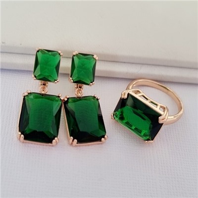 Комплект ювелирная бижутерия коллекция  "Дубай" серьги и кольцо 17 р, покрытие: позолота, вставка: фианиты, цвет: зеленый, арт.313.012-17