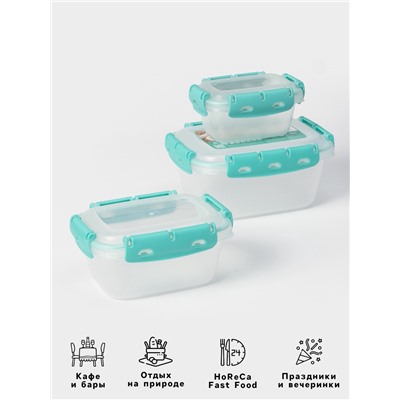 Набор пищевых герметичных контейнеров Альт-Пласт, 3 шт.: 380 мл, 0.8 л, 1.5 л, прозрачные, крышка голубая