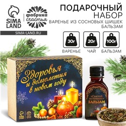 Подарочный набор новогодний «Будьте здоровы»: чай 20 г, варенье из сосновых шишек 30 г, бальзам 100 мл.