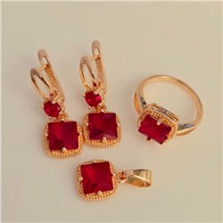 Комплект ювелирной бижутерии Дубайское золото: серьги, кулон и кольцо 18 р с крупным камнем, покрытие позолота, вставка: фианит, цвет: красный, арт.314.963-18
