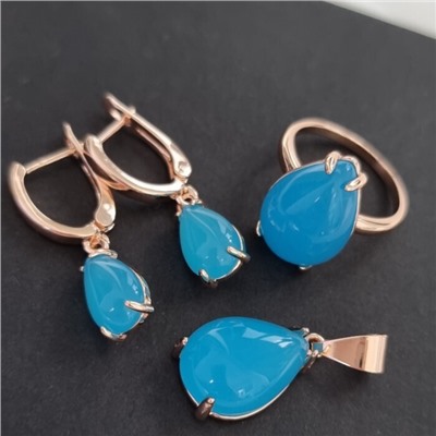 Комплект ювелирная бижутерия коллекция  "Дубай" серьги, кулон и кольцо 17 р, покрытие: позолота, вставка: пластик, цвет: бирюзовый, арт.215.423-17