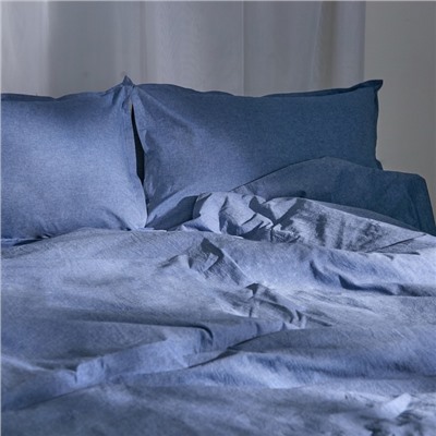 Простыня на резинке евро SL Home «Деним», 200×200+30 см, синяя, жатый хлопок