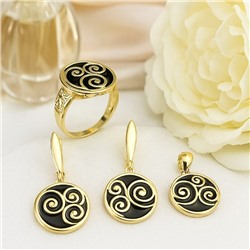 Комплект ювелирной бижутерии Итальянское золото (покрытие желтое 14к), серьги, кулон и кольцо 18 р, вставка: черная эмаль, арт.216.404-18