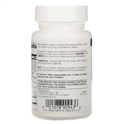 Source Naturals, комплекс ферментированных витаминов группы B, со вкусом перечной мяты, 60 таблеток для рассасывания