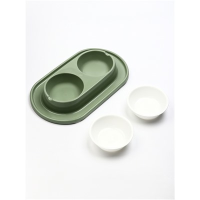 Миска двойная для животных «Мур-мяу», 300 мл, на подставке, пластик, цвет фисташковый