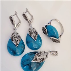 Комплект ювелирной бижутерии серьги, кулон и кольцо 18 р, покрытие: посеребрение, вставка: фианит и искусственный камень, цвет: бирюзовый и графитовый, арт.314.811-18