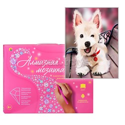 Алмазная мозаика 17х22 "Уайт-терьер на лавочке" на картоне, с част. заполн.(19цв) (блест.)