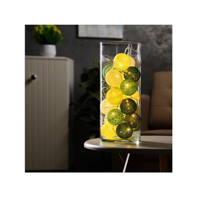 Гирлянда «Нить» 5 м с насадками «Клубки бело-зелёные», IP20, прозрачная нить, 20 LED, свечение тёплое белое, 220 В