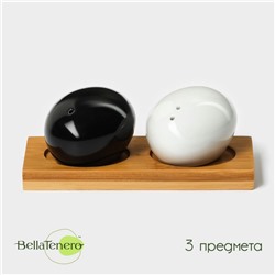 Набор для специй на деревянной подставке BellaTenero «Камни», 2 предмета: солонка 30 мл, перечница 30 мл, фарфор, бамбук, белый, чёрный