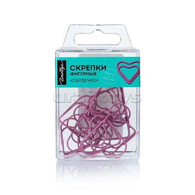 Скрепки фигурные сердечко L28 мм 12 шт., пластик. коробка, европодвес, розовые