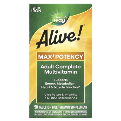 Nature's Way, Alive! ® Max3 Potency, полный мультивитаминный комплекс для взрослых, с железом, 90 таблеток