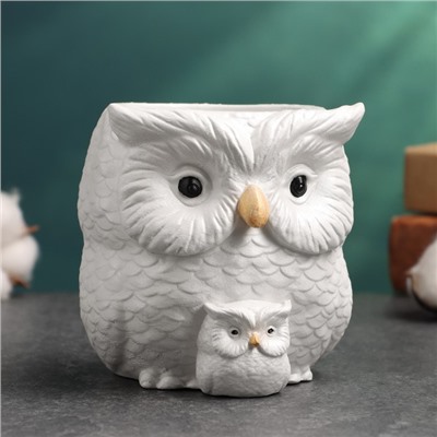 Фигурное кашпо для цветов «Сова с совёнком», 12×14×10 см, гипс, белое