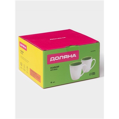 Кружки Доляна «Палитра», 350 мл, набор 4 шт., фарфор, белые, зелёные