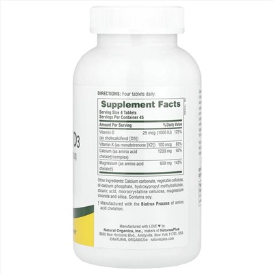 Nature's Plus, комплекс с кальцием, магнием, витаминами D3 и К2, 180 таблеток