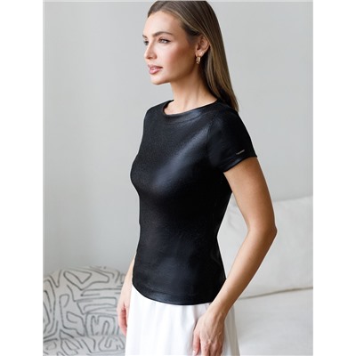 Футболка облегающая из хлопка в рубчик с вырезом лодочка с матовым покрытием металлик