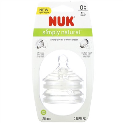 NUK, Simply Natural, Slow Flow Bottle Nipples,  0 + Months, 2 Nipples