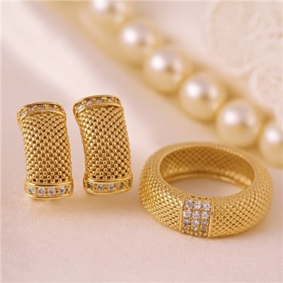 Комплект ювелирной бижутерии коллекция "Дубай" серьги и кольцо 20 р, покрытие позолота, вставка: фианиты, цвет: прозрачный, арт.217.374-20