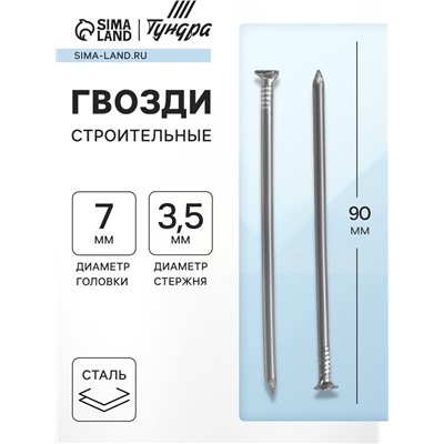 Гвозди ТУНДРА, строительные, ГОСТ 4028-63, без покрытия, 3.5×90 мм, 25 кг