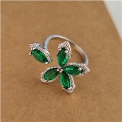 Комплект ювелирной бижутерии, посеребрение: серьги и раздвижное кольцо с зелеными камнями, р-р от 16-19, 13098, арт.213.008