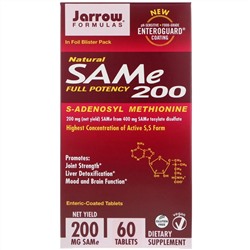 Jarrow Formulas, натуральный SAM-e (S-аденозил-L-метионин) 200, 200 мг, 60 таблеток, покрытых кишечнорастворимой оболочкой