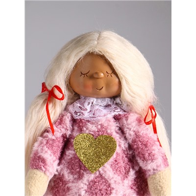 Интерьерная кукла текстильная «Малышка с хвостиками в розовом платье с сердцем», 14×8.5×32 см