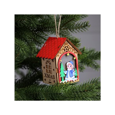 Ёлочная игрушка «Домик со Снегурочкой», 11×8.5×7.5 см, 1 LED, от батареек, свечение тёплое белое