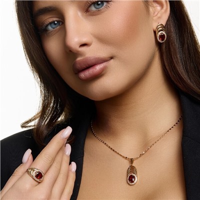 Комплект ювелирной бижутерии коллекция "Дубай" серьги, кулон и кольцо 20 р, покрытие позолота, вставка: фианиты и цирконы, цвет: красный и прозрачный, арт.215.448-20