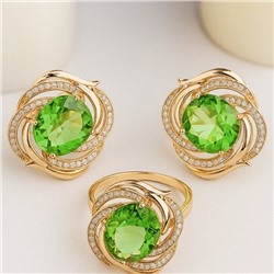 Комплект ювелирной бижутерии коллекция "Дубай" серьги и кольцо 18 р, покрытие позолота, вставка: фианиты, цвет: светло-зеленый и прозрачный, арт.215.400-18