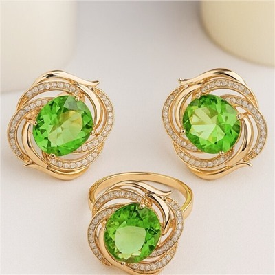 Комплект ювелирной бижутерии коллекция "Дубай" серьги и кольцо 18 р, покрытие позолота, вставка: фианиты, цвет: светло-зеленый и прозрачный, арт.215.400-18